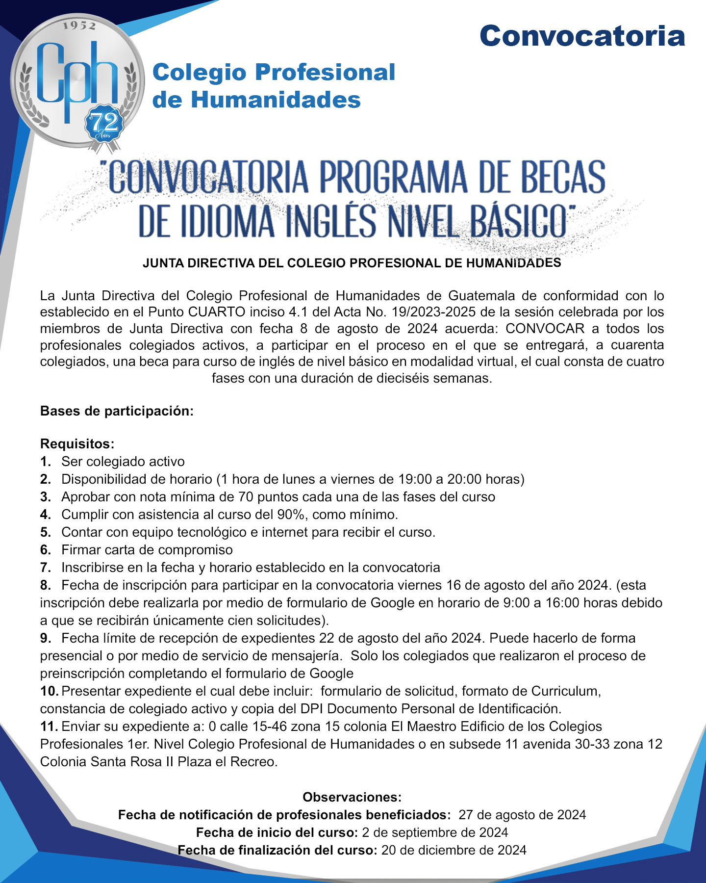 Convocatoria programa de becas de idioma inglés nivel básico.