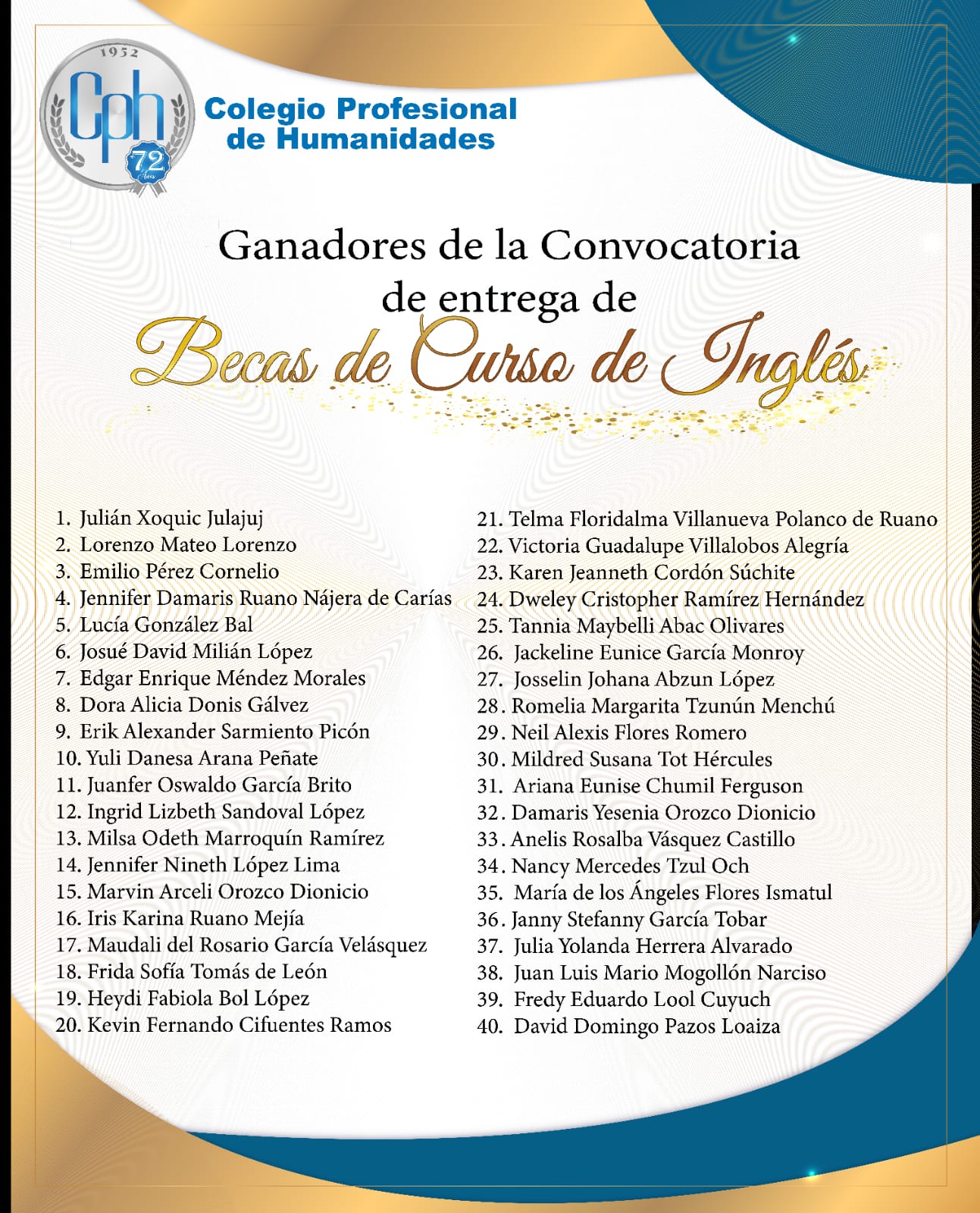 Ganadores de la Convocatoria de entrega de becas-Curso de Inglés