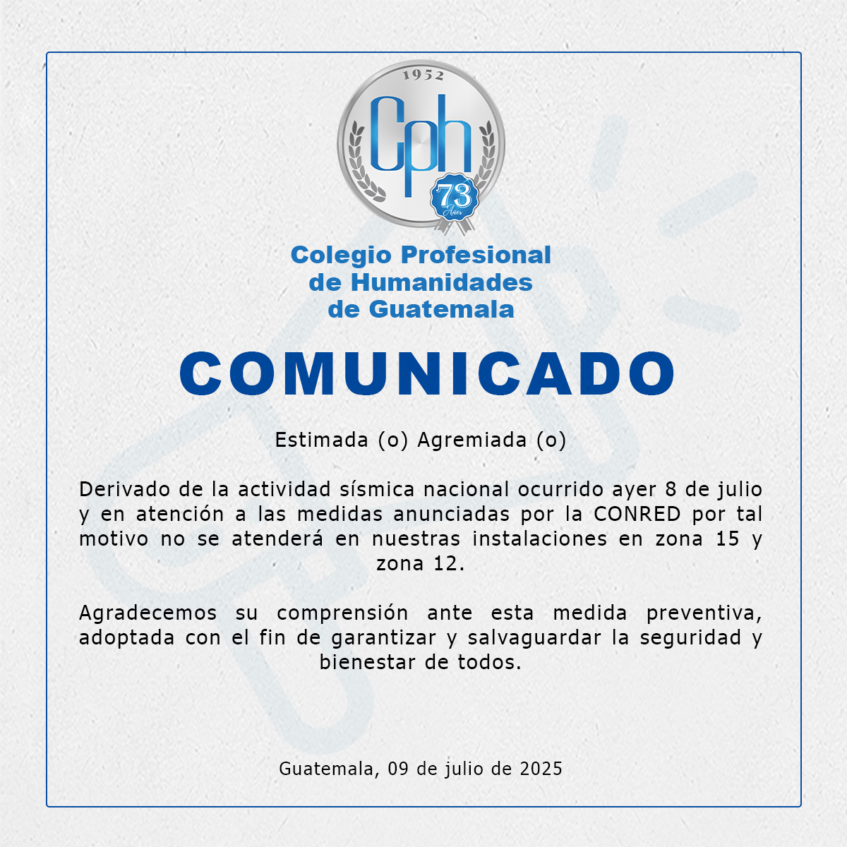 Suspensión temporal de atención presencial en sedes Zona 15 y Zona 12