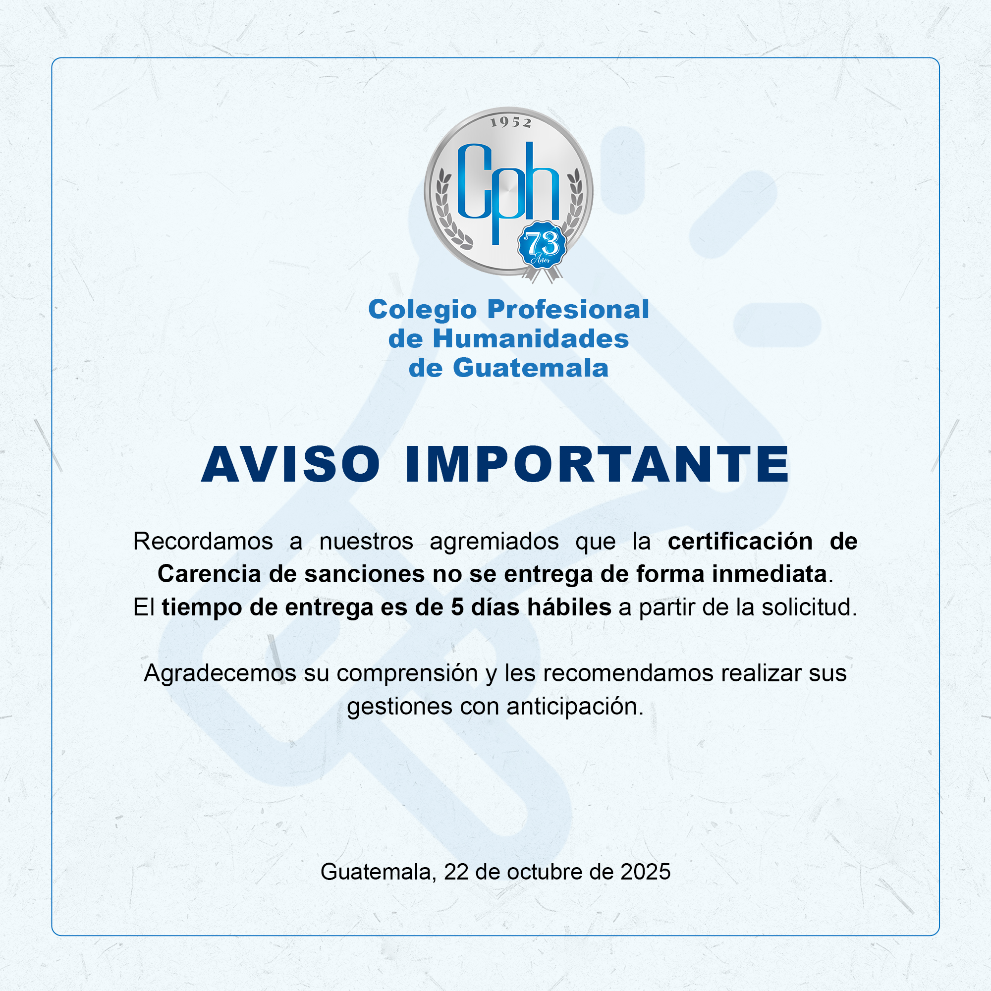 Aviso importante para nuestros agremiados