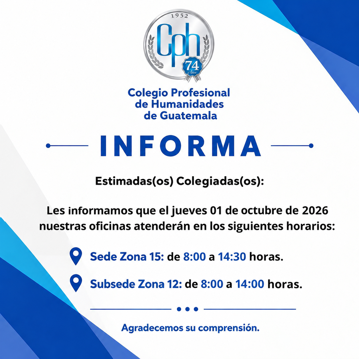 INFORMA | Horario de atención – 01 de octubre de 2026