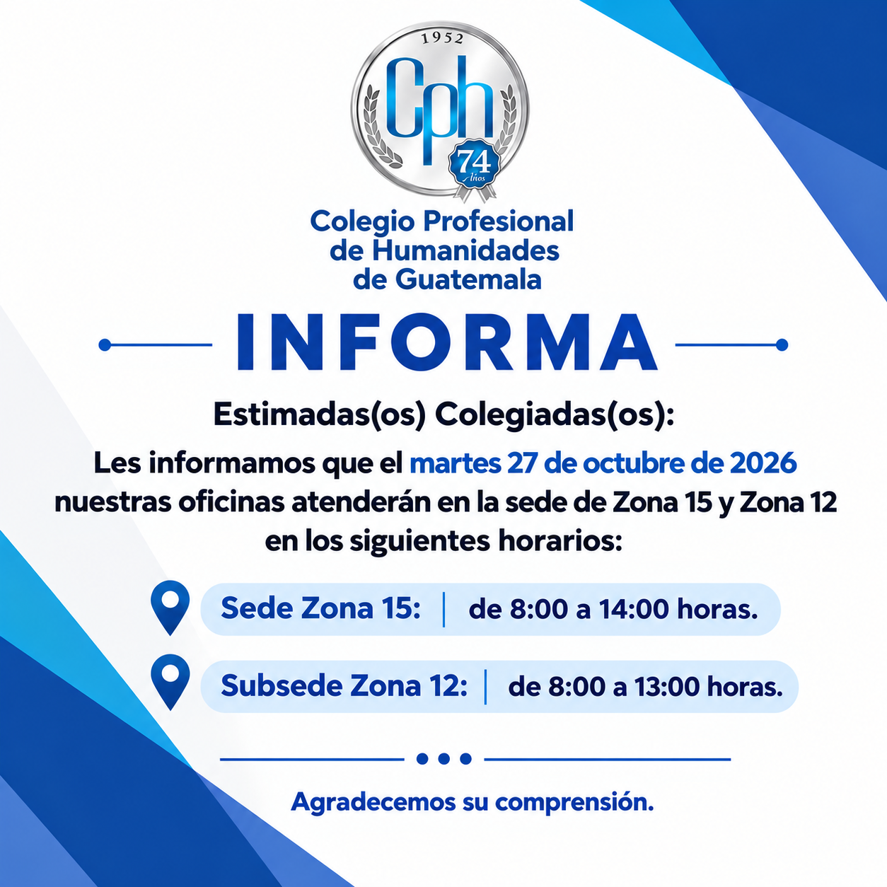 Aviso sobre el horario de atención 27 de octubre 2026